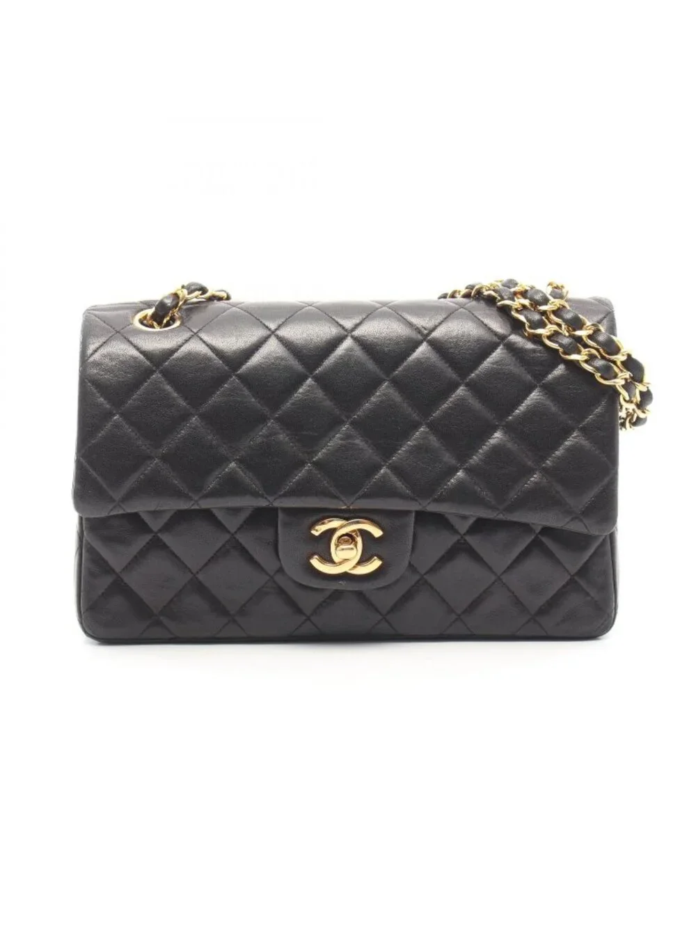 Chanel Shoulder Bag Quilted Double Flap Black Lambskin Chain